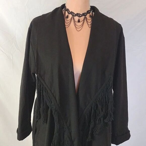 Y2K Black Western Chic Front Fringe Waterfall Belted Midi Jacket Small NWT - Picture 12 of 17